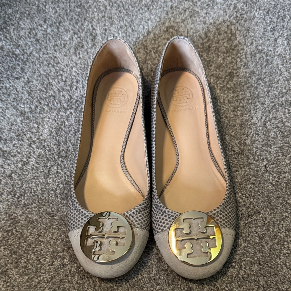 Tory Burch Snake Print Flats with Gold Logo